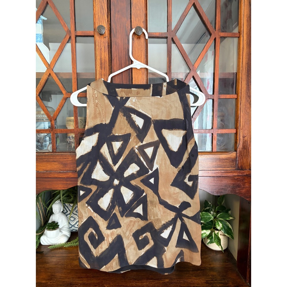 St John Silk Sleeveless Blouse Brown Black Geometric Abstract Print Small - Picture 2 of 5